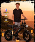 Teen with Beast Level Fat Tire Electric Bike For Adults With 1500W Peak Motor, sunset background, showing bike dimensions