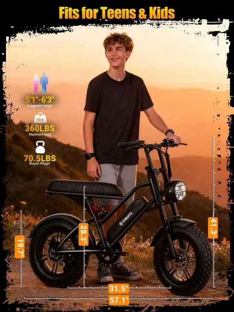 Teen with Beast Level Fat Tire Electric Bike For Adults With 1500W Peak Motor, sunset background, showing bike dimensions
