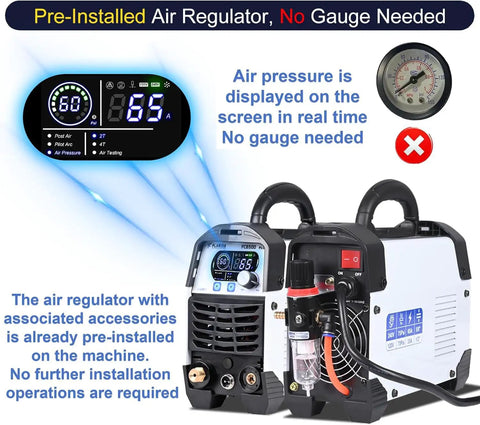 Close-up of 65 Amp Touch Arc Plasma Cutter Pro Grade Beast, dual voltage model with digital display and pre-installed air regulator.