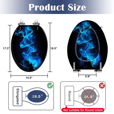 Product size chart for Novelty Elongated Resin Toilet Seat for Bathroom, showing dimensions and suitability for elongated toilets.