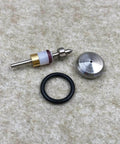 On/off valve repair kit for water jet machines; multi‑part metal components including valve stem, seals, O‑ring, and cap