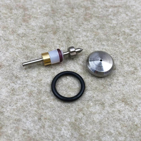 On/off valve repair kit for water jet machines; multi‑part metal components including valve stem, seals, O‑ring, and cap
