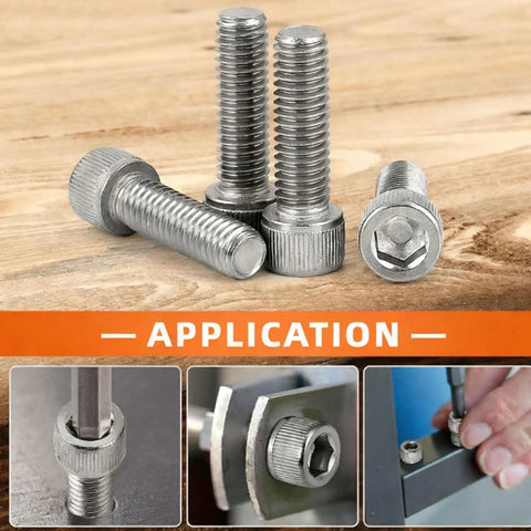 Four 304 Stainless Steel Socket Head Cap Screws 4 40 Thread By 1 1/8 Inch Long on wood, ideal for heavy-duty hardware.