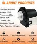 Top Shelf Washer Drain Pump Motor Replacement For LG And Kenmore Front Load Washers Model 4681Ea2001T with specifications image showing flow rate, voltage, and power.