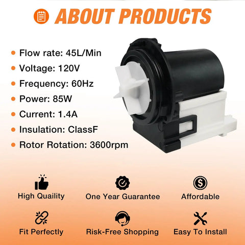 Top Shelf Washer Drain Pump Motor Replacement For LG And Kenmore Front Load Washers Model 4681Ea2001T with specifications image showing flow rate, voltage, and power.