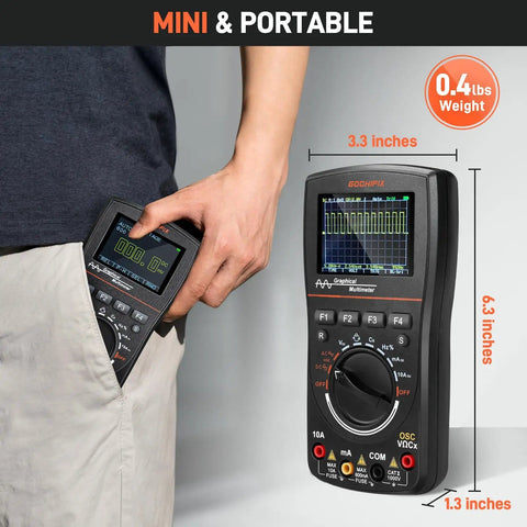 Person placing 2 In 1 Portable Handheld Oscilloscope Multimeter with 10MHz Bandwidth and 50Msps Sampling Rate in pocket