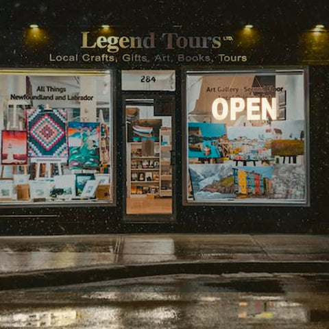 Storefront with "OPEN" sign and 30x10 Inch LED Open Sign For Business With Boss Level Brightness, Dimmable And Three Modes.
