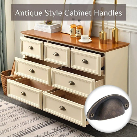 10 Piece Set Of Badass Antique Bronze Cup Pull Handles With Classic Half Moon Shell Design, Heavy Duty Solid Iron Hardware For Dresser And Closet, Hella Rustic Kitchen Furniture Knobs With Mounting Screws on dresser drawers.