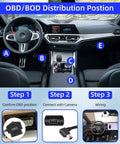 Diagram showing OBD2 To Mini USB Power Cable For Dash Cam installation inside a car with steps for connecting and wiring.