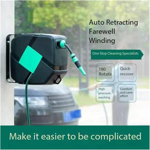 Hassle Free Retractable Hose Reel Kit With Auto Wind Spool And 180 Degree Swivel Spray Nozzle For Fast Car Wash Or Garden Watering Slick Wall Mount Setup Keeps Lines Tangle Free And Ready To Roll