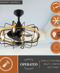 HomeStock Modern Industrial 21-Inch Ceiling Fan with Dimmable Light Kit and Remote Control for Small Rooms with gold and black design.
