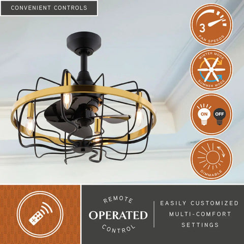 HomeStock Modern Industrial 21-Inch Ceiling Fan with Dimmable Light Kit and Remote Control for Small Rooms with gold and black design.