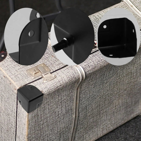 16 Pack Real Deal Metal Corner Protectors For Cabinets And Boxes Chrome Plated Heavy Duty Edge Guards, close up on black protectors mounted on suitcase.