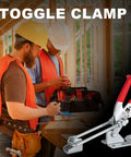 Workers examine tools near a Beefy Heavy Duty Toggle Clamp Latch 2000lb Capacity Self Lock U Bolt For Tire Carrier Trailer Lid Boxcar.