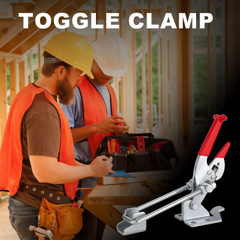 Workers examine tools near a Beefy Heavy Duty Toggle Clamp Latch 2000lb Capacity Self Lock U Bolt For Tire Carrier Trailer Lid Boxcar.