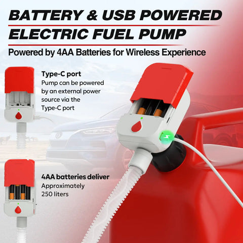 Portable Fuel Transfer Pump With Auto Stop 3.8 GPM 51 Inch Hose Battery Or USB Powered detail on power sources.