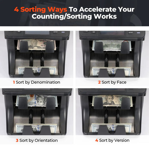 Two Pocket Money Counter Machine That Sorts Mixed Denominations With Built In Printer featuring sorting options