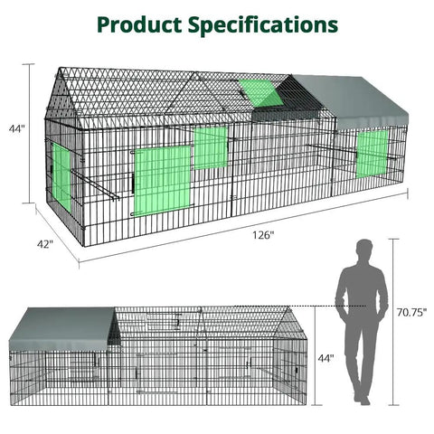 Weatherproof Outdoor Chicken Coop With Heavy Duty Cover, Portable Metal Run Pen dimensions and size comparison with human figure.
