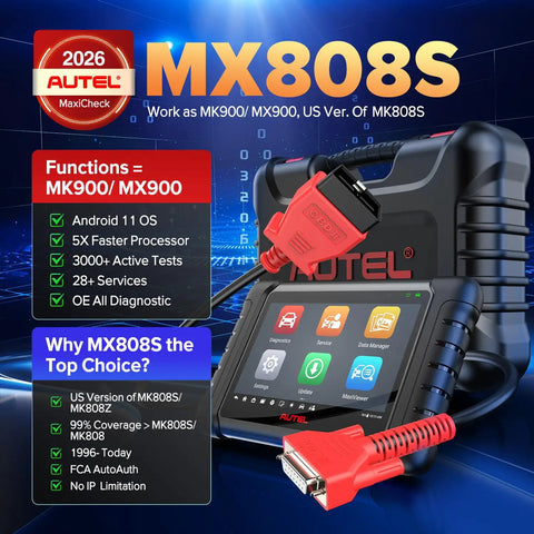MX808S Bidirectional OBD2 Diagnostic Scanner With 3000 Plus Active Tests And 28 Plus Service Functions Full Systems Coverage For Cars FCA Ready 10X Faster Diagnostics 2026 US Version MaxiCom MK808S MK808Z Compatible, featuring display and connector.