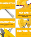 Built Tough 45 Degree Lock Miter Router Bit Set Three Piece Kit For Worry Free Woodworking Joints With One Quarter Inch Shank And Tough Carbide Cutters showing carbide blade edge and steel shaft.