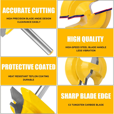 Built Tough 45 Degree Lock Miter Router Bit Set Three Piece Kit For Worry Free Woodworking Joints With One Quarter Inch Shank And Tough Carbide Cutters showing carbide blade edge and steel shaft.