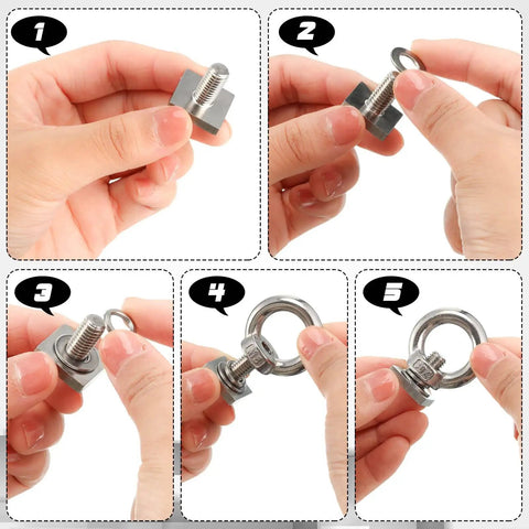 Step-by-step assembly of Six Piece M8 T Slot Bolt Kit With Heavy Duty Eye Bolts And T Track Mount Anchors, 304 Stainless Steel T Nut