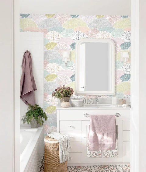 Bathroom with Peel And Stick Wallpaper Dot And Line Boho Pink Vinyl Roll 15.5 Inch By 78.7 Inch Self Adhesive Removable Wall Covering