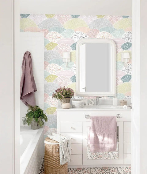 Bathroom with colorful patterned wallpaper, mirror, towel, and basket, featuring Peel And Stick Wallpaper Dot And Line Boho Pink Vinyl Roll.