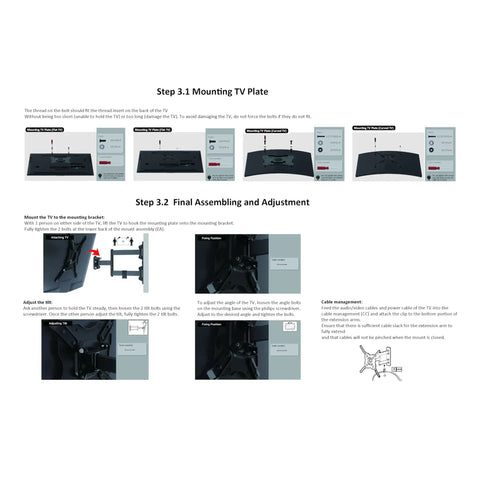Step-by-step assembly guide for Built Tough Full Motion TV Wall Mount with instructions for mounting and adjusting angles.
