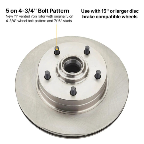 Deluxe Front Spindle and Disc Brake Kit For 1964-1974 GM A F X Cars With 11 Inch Disc Brakes showcasing 5 on 4-3/4 bolt pattern.