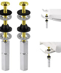 Universal Toilet Seat Bolts Kit, 2 Pack, showing brass bolts, stainless downlock nuts, rubber washers, and installation view