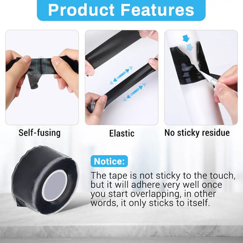 Black Self Fusing Silicone Tape 2 Pack 1 Inch by 11.8 Feet For Quick Pipe And Hose Repairs, No Hassle Waterproof Leak Stop displayed