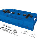 Front view of blue One Quarter Inch Shelf Pin Jig For Cabinets And Furniture With Edge Aligned Precision Hole Drilling Guide.