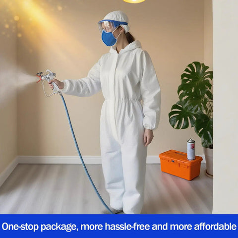Person in protective gear using No Fuss Airless Paint Sprayer Kit With 25 Ft Hose And Three Reversible Tips for wall coverage.