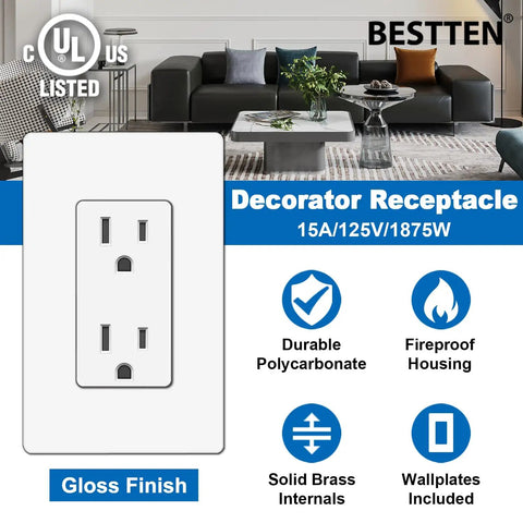 Decorator Receptacle Outlet With Mid-Size Screwless Wall Plate, 15 Amp 125V Standard Outlet, Tamper Resistant, UL Listed, 10 Pack