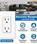Thirty Pack 15 Amp Decorator Receptacle Outlet With Screwless Wall Plate Included, 15A 125V 1875W UL Listed White shown with features