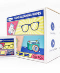 Front view of lens cleaning wipes box and sachet, 300 count, individually wrapped, colorful graphic packaging.