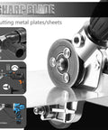 Electric Drill Attachment Nibbler Tool, Metal Sheet Plate Cutter Punch For Free Cutting Sawing Light Grey cutting metal sheet close-up.
