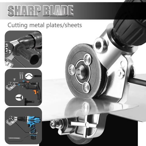 Electric Drill Attachment Nibbler Tool, Metal Sheet Plate Cutter Punch For Free Cutting Sawing Light Grey cutting metal sheet close-up.