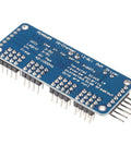 Four Pack PCA9685 16 Channel 12 Bit PWM Servo Driver Board For I2C Interface, close-up view of blue circuit with pin connectors