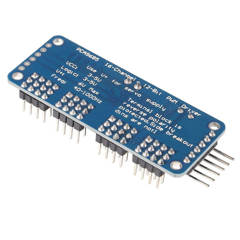 Four Pack PCA9685 16 Channel 12 Bit PWM Servo Driver Board For I2C Interface, close-up view of blue circuit with pin connectors
