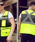 Heavy Duty High Visibility Safety Vest Featuring Breathable Mesh Lining Multiple Storage Pockets And Bright Fluorescent Yellow Fabric For Construction Crew, front and back view.
