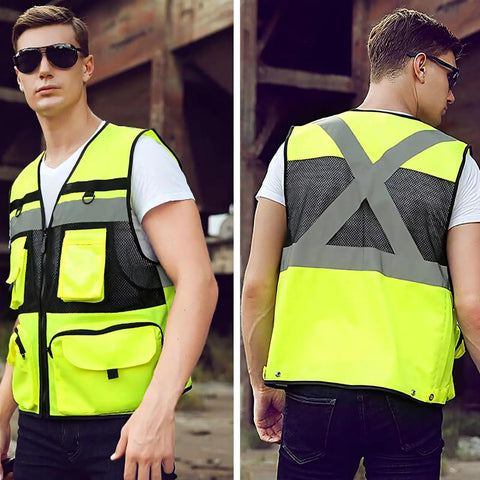 Heavy Duty High Visibility Safety Vest Featuring Breathable Mesh Lining Multiple Storage Pockets And Bright Fluorescent Yellow Fabric For Construction Crew, front and back view.