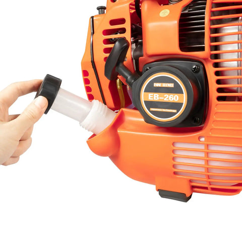 Hand adding fuel to Beast Mode Heavy Duty Handheld Gas Leaf Blower Two Stroke 750W 25.4cc Gasoline Grass Sweeper for lawn care