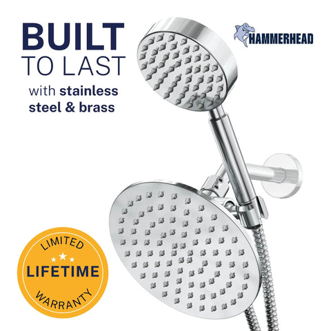 Solid Metal Dual Shower Head Combo Chrome 8 Inch Rainfall High Flow With Handheld Shower Head 6 Ft Hose High Pressure System