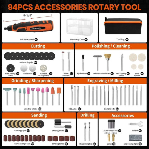 HARDELL 12V cordless rotary tool kit front view with 94 accessories, orange/black tool, clear case, and black bag.