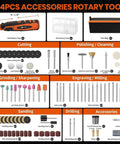 Image of Pro Grade 12V Cordless Rotary Tool Kit with 94 accessories for cutting, sanding, drilling, and polishing shown in layout.