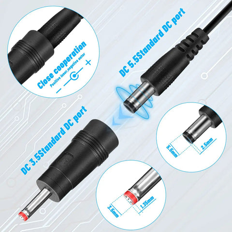 Close-up of USB To DC 12V Step Up Power Cable 3ft with 5.5x2.5mm DC Jack and 3.5x1.35mm Plug connectors diagram