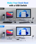 Before and after desk setup with USB Switcher for Two Computers Share Four USB 2.0 Peripherals With One Button Swap Hub for neat setup.
