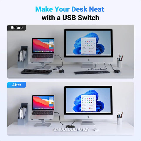 Before and after desk setup with USB Switcher for Two Computers Share Four USB 2.0 Peripherals With One Button Swap Hub for neat setup.